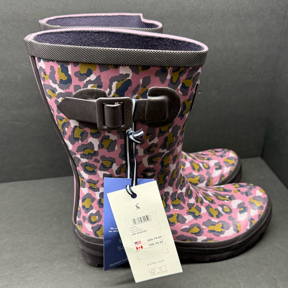 Joules Pink and Purple Leopard Print Rain Boots